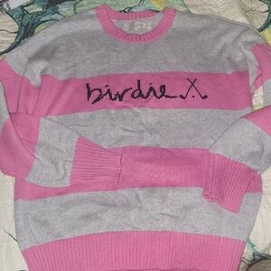 LOFT Pink and Gray Crew Neck Sweater with Bold Stripes